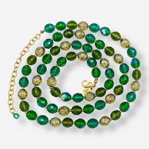 Vintage Joan Rivers Necklace Green Aurora Borealis Czech Republic Glass Bead 38"